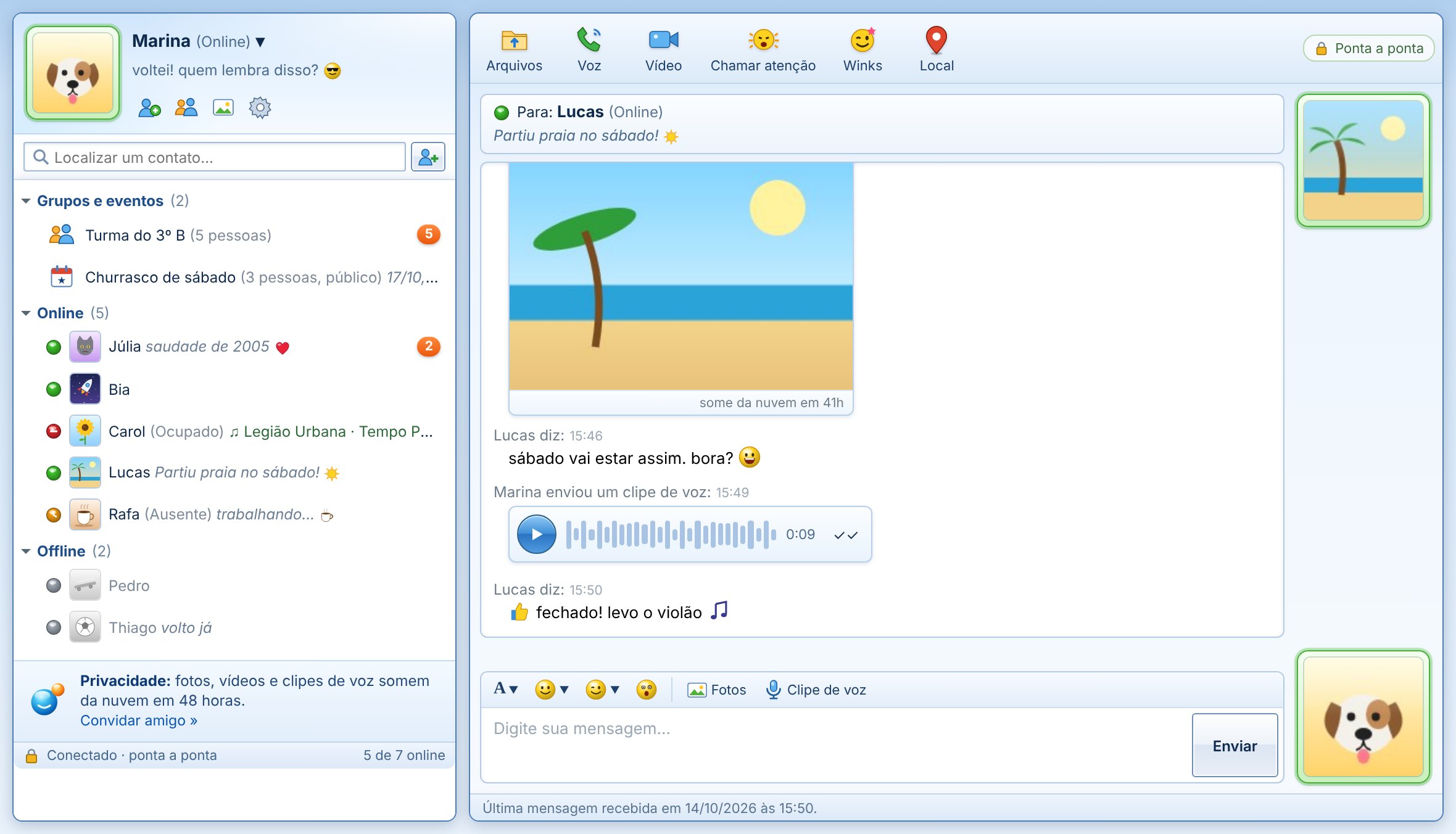 Orby Messenger: lista de contatos e uma conversa com foto e clipe de voz